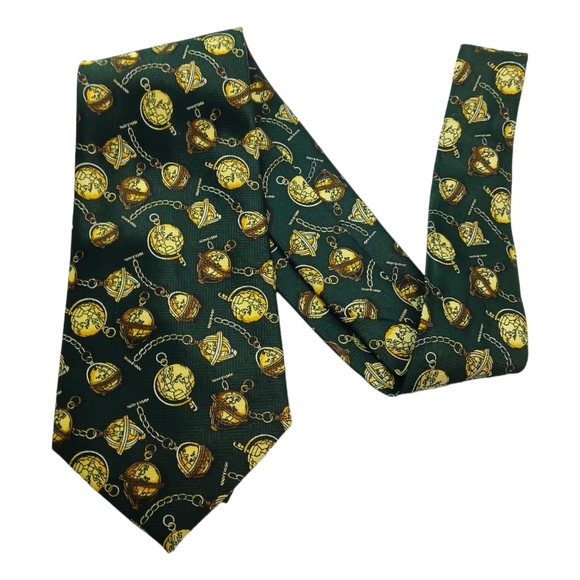 Vintage Rudia Mens Tide Globe Print Green Made in Korea Hand Made 56” Business - Picture 1 of 6
